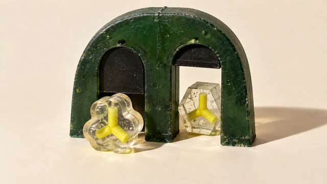 Two clear resin vessels with matching yellow three-pronged cores face a scuffed green gateway. The rounded vessel sits before a lowered black shutter; the angular vessel occupies an open passage. Hard shadows fall across an ivory background.