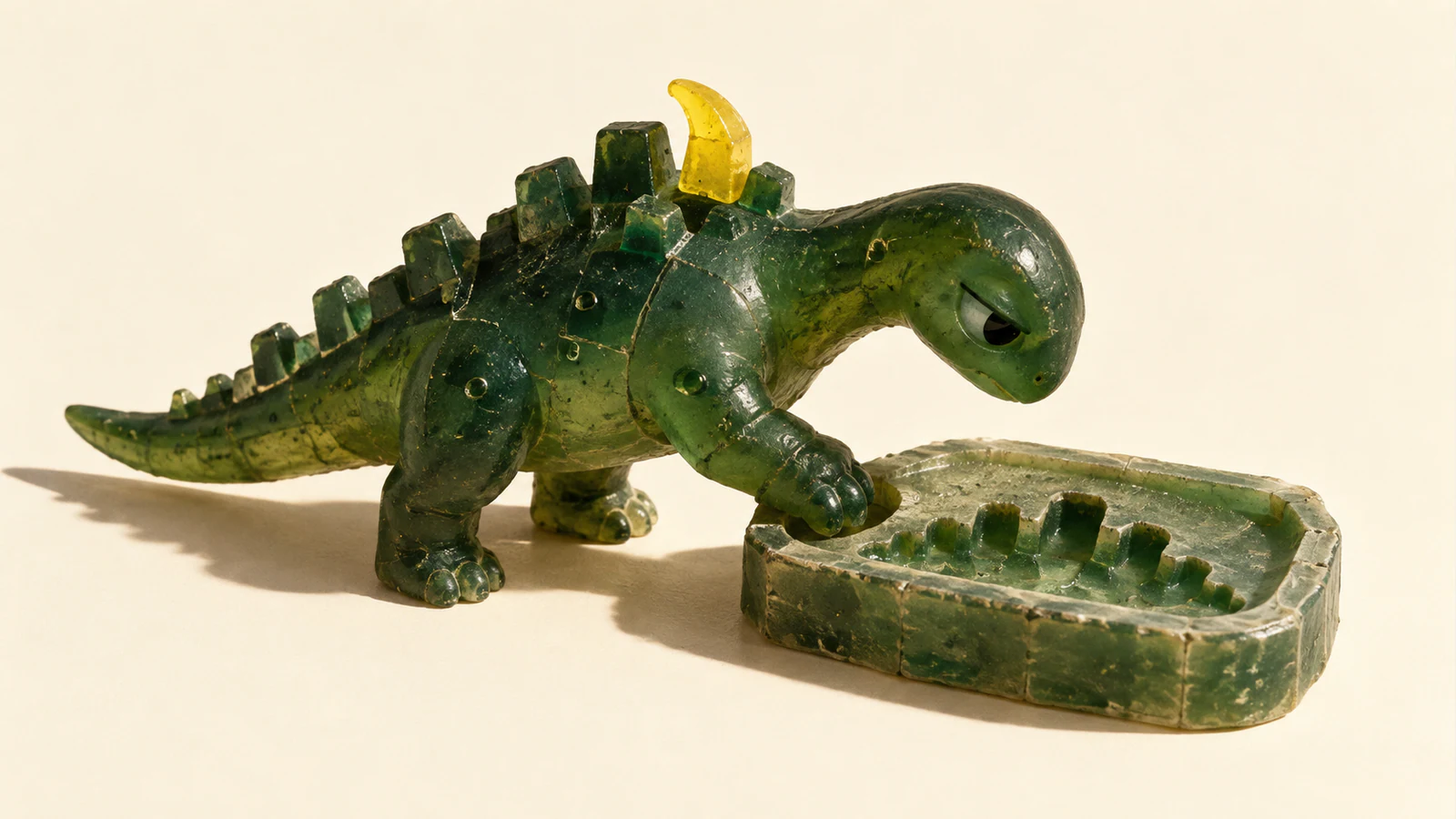 A scuffed translucent green resin dinosaur with a yellow hooked back scale rests its paw on a shallow mold. The mold repeats green dorsal bumps but lacks the yellow hook, against warm ivory with hard shadows.