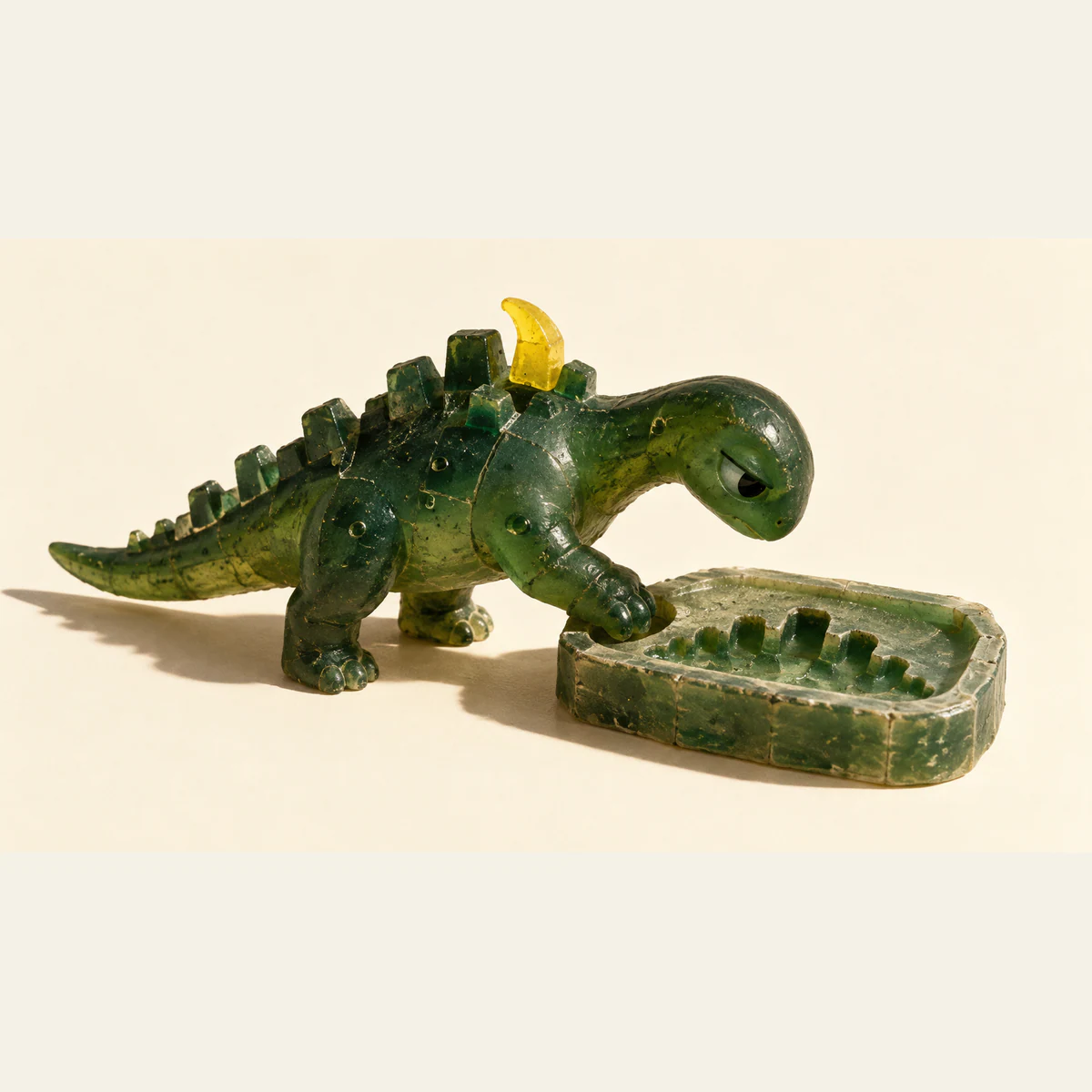A scuffed translucent green resin dinosaur with a yellow hooked back scale rests its paw on a shallow mold. The mold repeats green dorsal bumps but lacks the yellow hook, against warm ivory with hard shadows.