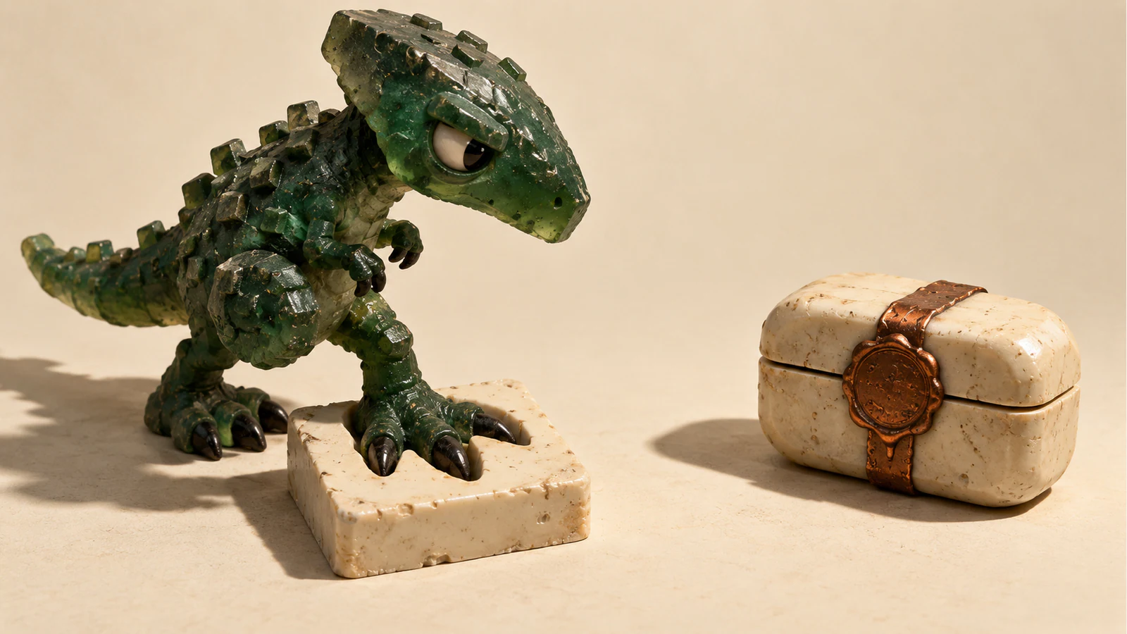 A translucent green dinosaur fits one foot into a matching ivory mold while looking toward a separate ivory case sealed with copper-colored material. Hard shadows fall across a warm ivory surface.