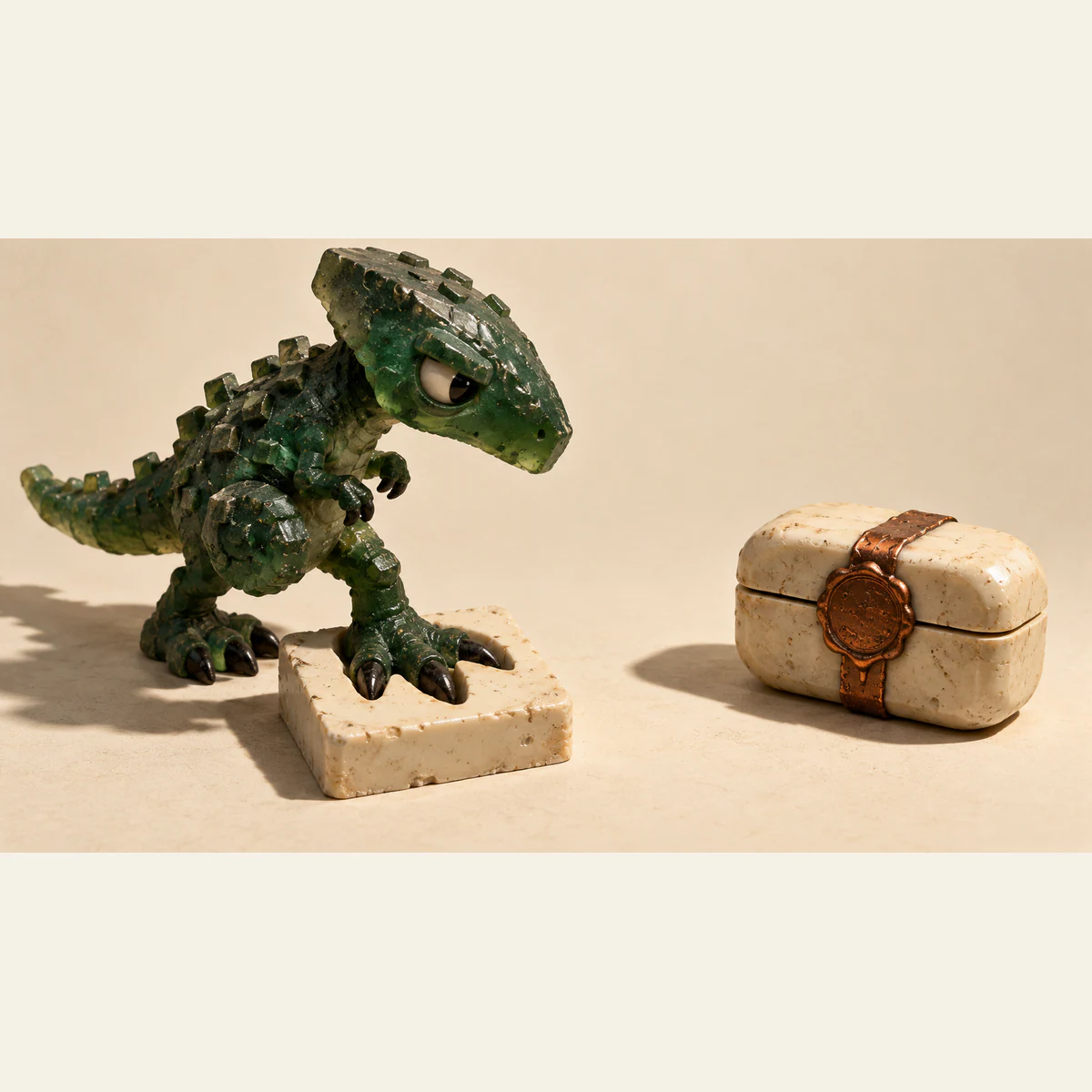 A translucent green dinosaur fits one foot into a matching ivory mold while looking toward a separate ivory case sealed with copper-colored material. Hard shadows fall across a warm ivory surface.