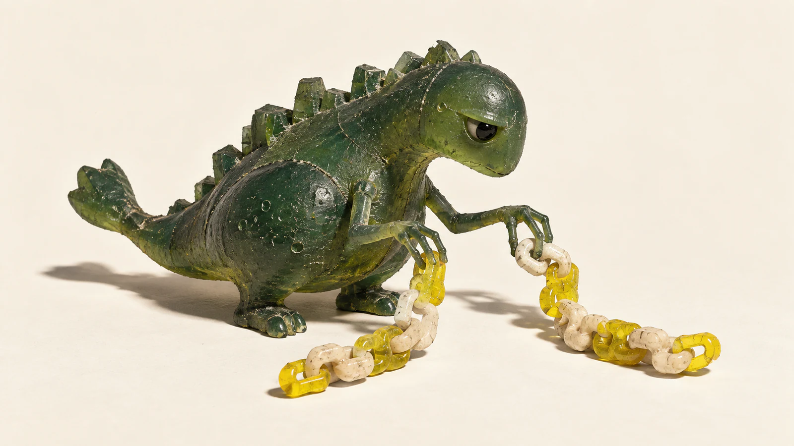 A skeptical green resin dinosaur holds two curling chains of ivory and yellow links arranged differently, casting hard shadows on a warm ivory background.