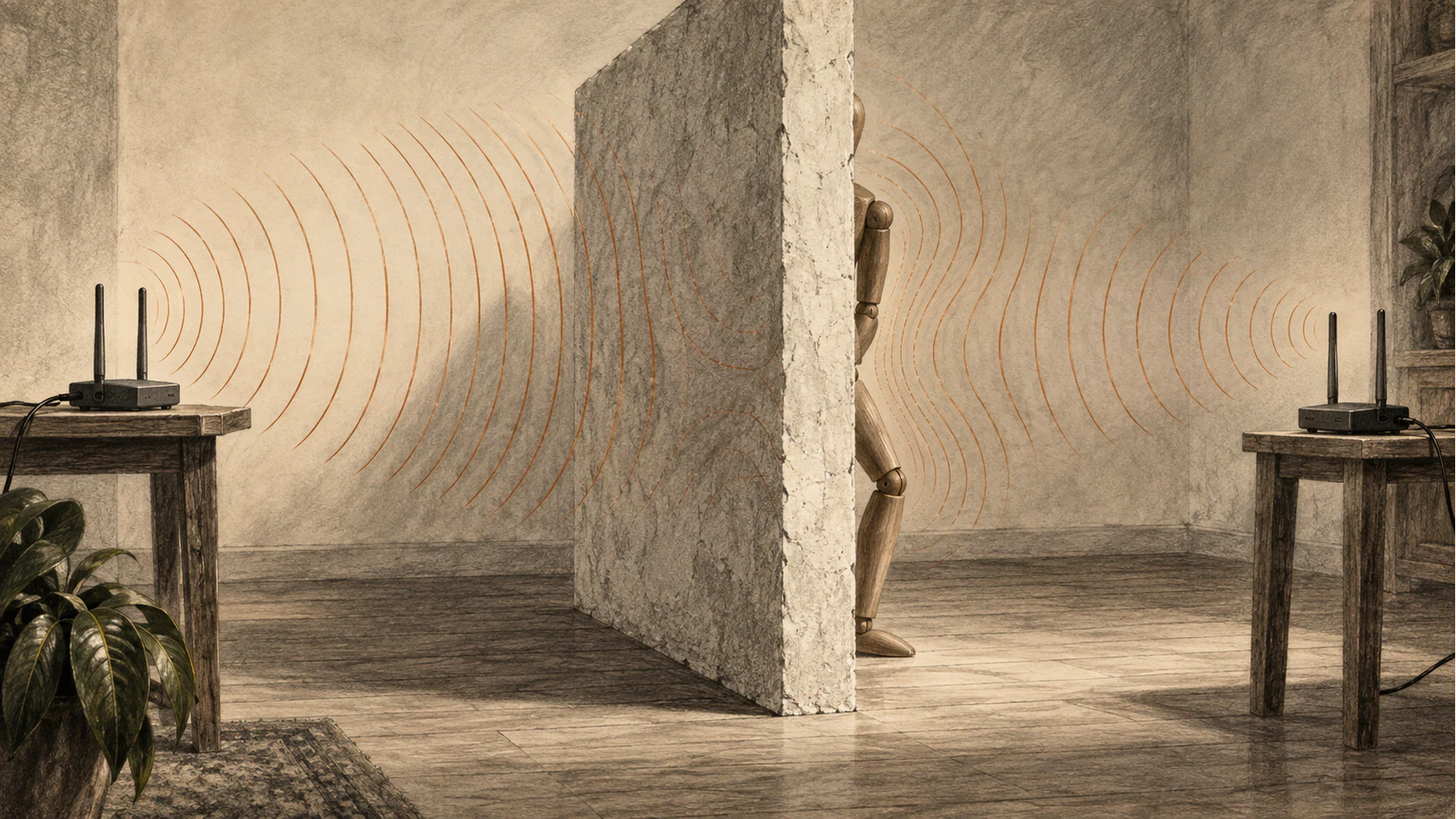Wireless transceivers and faint copper wave contours surround a partition that partly conceals a wooden pose-study mannequin.