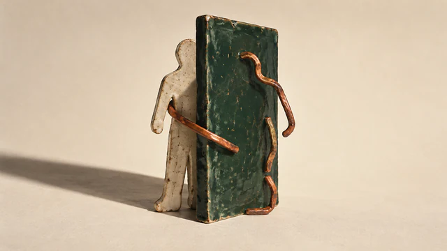 An ivory ceramic human silhouette stands partly concealed behind a chipped forest-green screen. Broken copper-colored contours echo a body on its front, casting a long shadow across warm ivory.