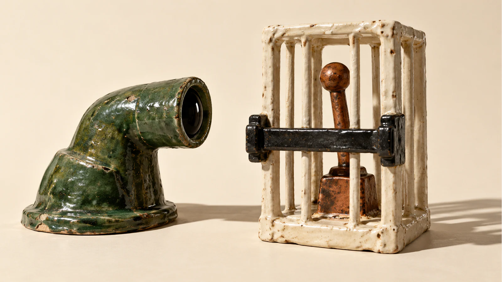 A chipped forest-green ceramic viewing instrument faces a copper-colored lever enclosed in an ivory ceramic cage with a heavy black crossbar. Hard shadows fall across a warm ivory background.