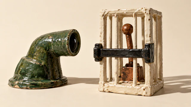 A chipped forest-green ceramic viewing instrument faces a copper-colored lever enclosed in an ivory ceramic cage with a heavy black crossbar. Hard shadows fall across a warm ivory background.