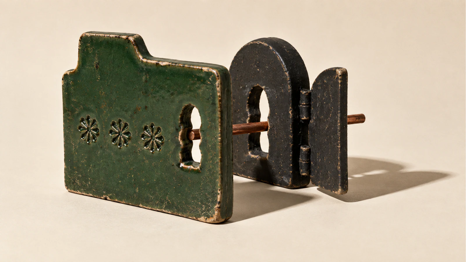 A copper-colored rod passes through aligned openings in a weathered green ceramic folder and a separate black ceramic doorway with an open shutter. Three flower impressions decorate the folder; hard shadows fall across an ivory background.