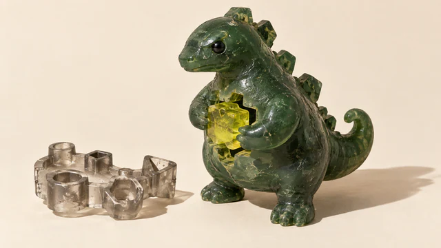 A scuffed green resin dinosaur fits a yellow core into its open chest beside a discarded multi-socket frame on an ivory surface.